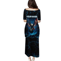 Lightning Bowling Puletasi Electric Blue Ball and American Eagle Graphic on Stormy Black Background - Wonder Print Shop