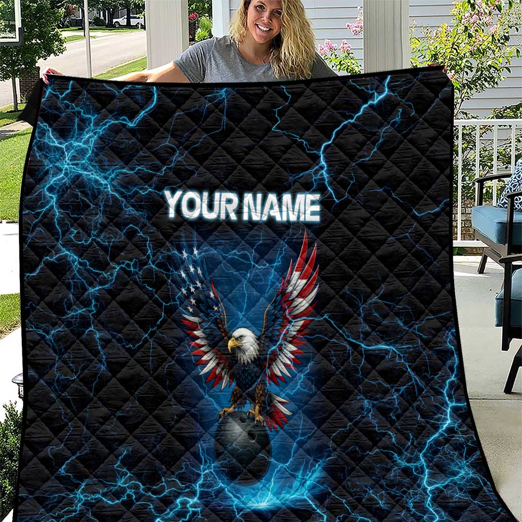 Lightning Bowling Quilt Electric Blue Ball and American Eagle Graphic on Stormy Black Background - Wonder Print Shop