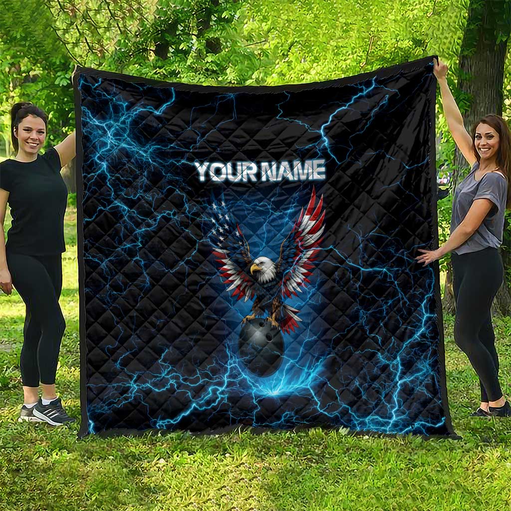 Lightning Bowling Quilt Electric Blue Ball and American Eagle Graphic on Stormy Black Background - Wonder Print Shop