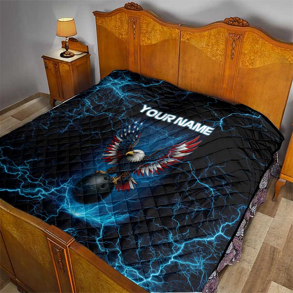 Lightning Bowling Quilt Electric Blue Ball and American Eagle Graphic on Stormy Black Background - Wonder Print Shop