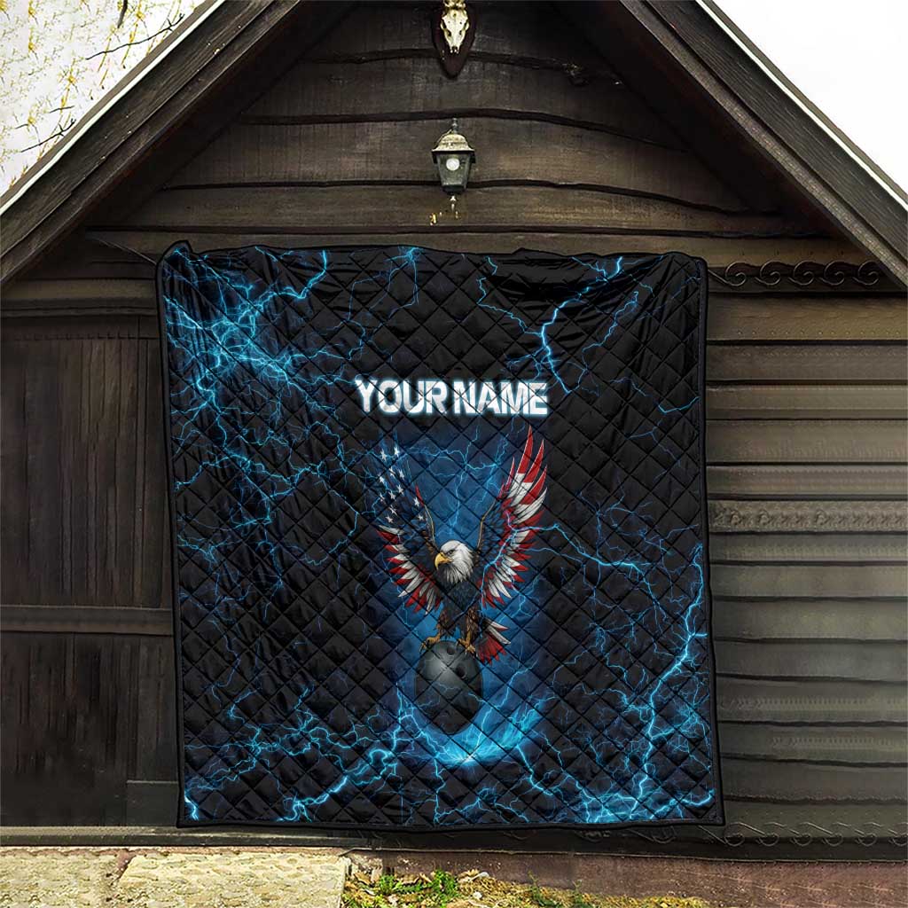 Lightning Bowling Quilt Electric Blue Ball and American Eagle Graphic on Stormy Black Background - Wonder Print Shop