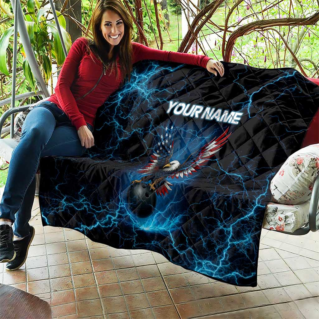 Lightning Bowling Quilt Electric Blue Ball and American Eagle Graphic on Stormy Black Background - Wonder Print Shop