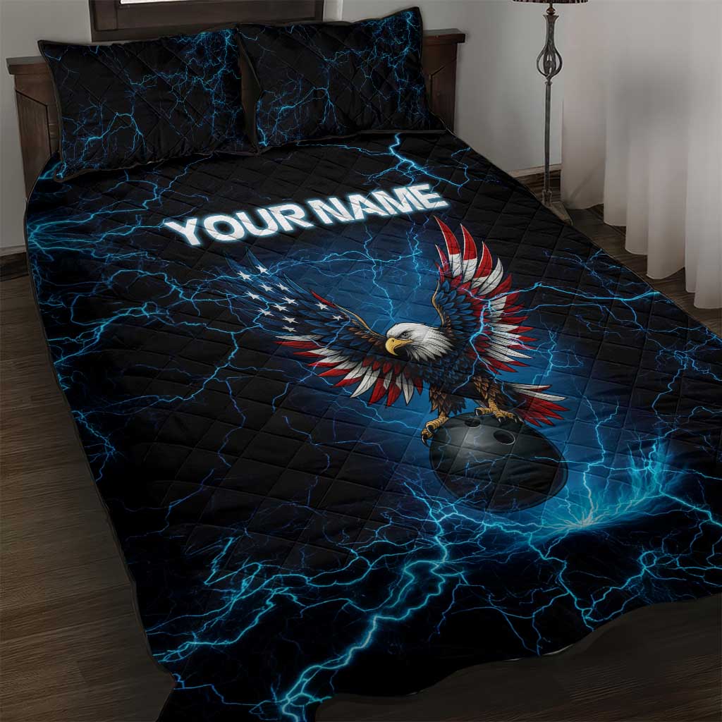 Lightning Bowling Quilt Bed Set Electric Blue Ball and American Eagle Graphic on Stormy Black Background - Wonder Print Shop