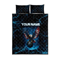 Lightning Bowling Quilt Bed Set Electric Blue Ball and American Eagle Graphic on Stormy Black Background - Wonder Print Shop