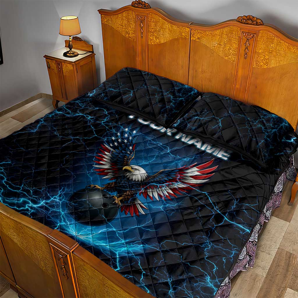 Lightning Bowling Quilt Bed Set Electric Blue Ball and American Eagle Graphic on Stormy Black Background - Wonder Print Shop
