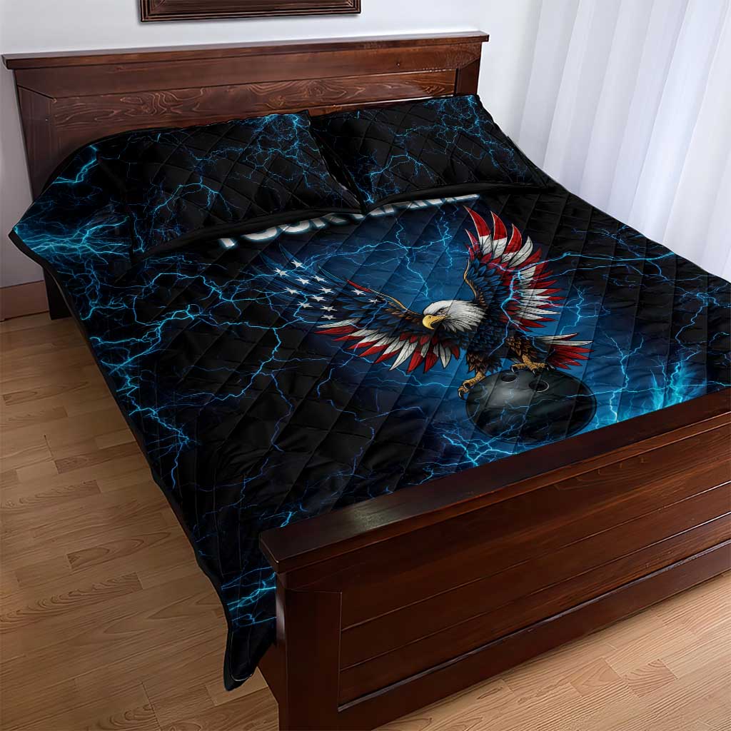 Lightning Bowling Quilt Bed Set Electric Blue Ball and American Eagle Graphic on Stormy Black Background - Wonder Print Shop