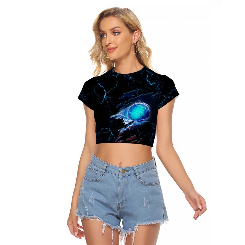 Lightning Bowling Raglan Cropped T Shirt Electric Blue Ball and American Eagle Graphic on Stormy Black Background - Wonder Print Shop