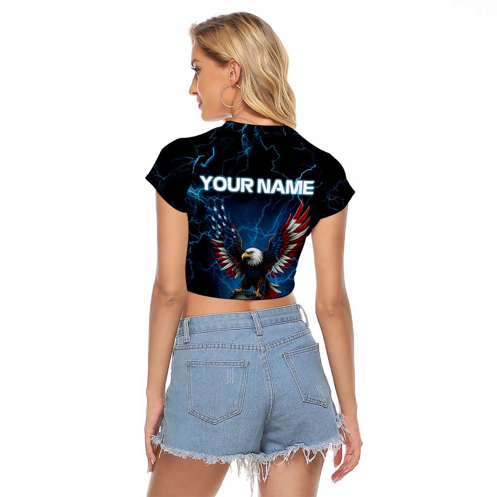 Lightning Bowling Raglan Cropped T Shirt Electric Blue Ball and American Eagle Graphic on Stormy Black Background - Wonder Print Shop