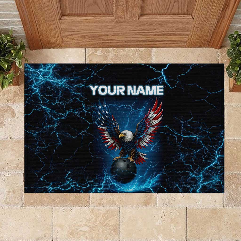 Lightning Bowling Rubber Doormat Electric Blue Ball and American Eagle Graphic on Stormy Black Background - Wonder Print Shop