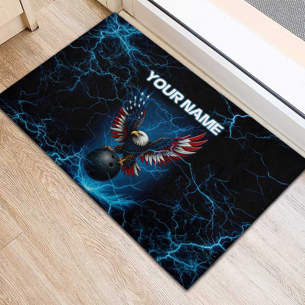 Lightning Bowling Rubber Doormat Electric Blue Ball and American Eagle Graphic on Stormy Black Background - Wonder Print Shop