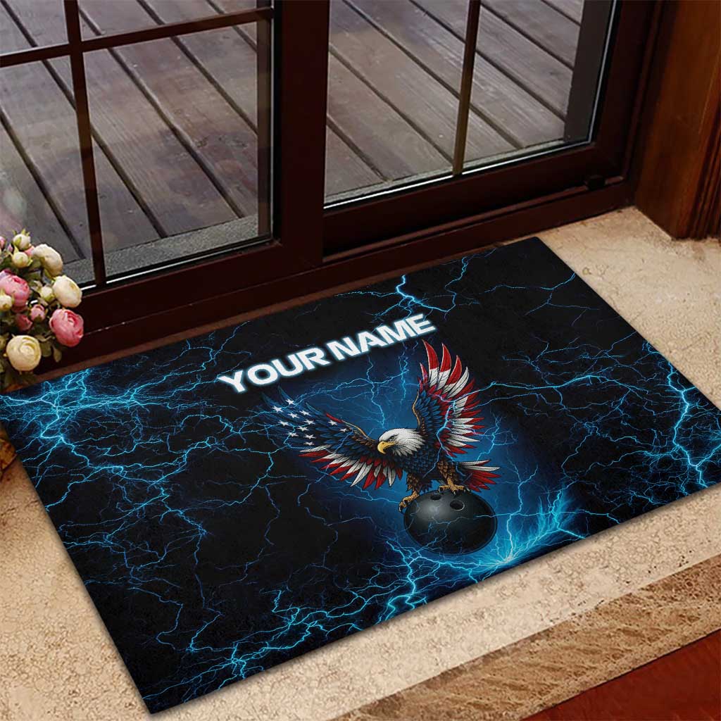 Lightning Bowling Rubber Doormat Electric Blue Ball and American Eagle Graphic on Stormy Black Background - Wonder Print Shop