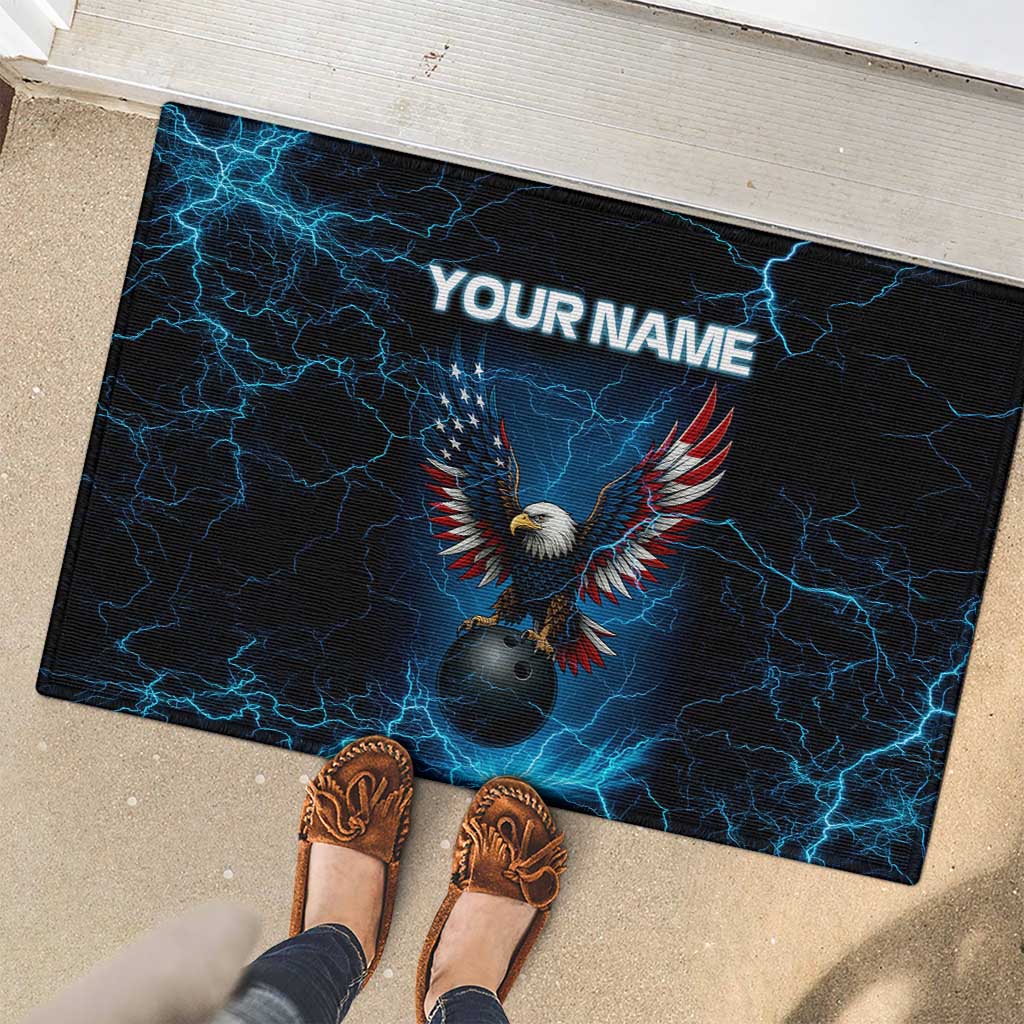 Lightning Bowling Rubber Doormat Electric Blue Ball and American Eagle Graphic on Stormy Black Background - Wonder Print Shop