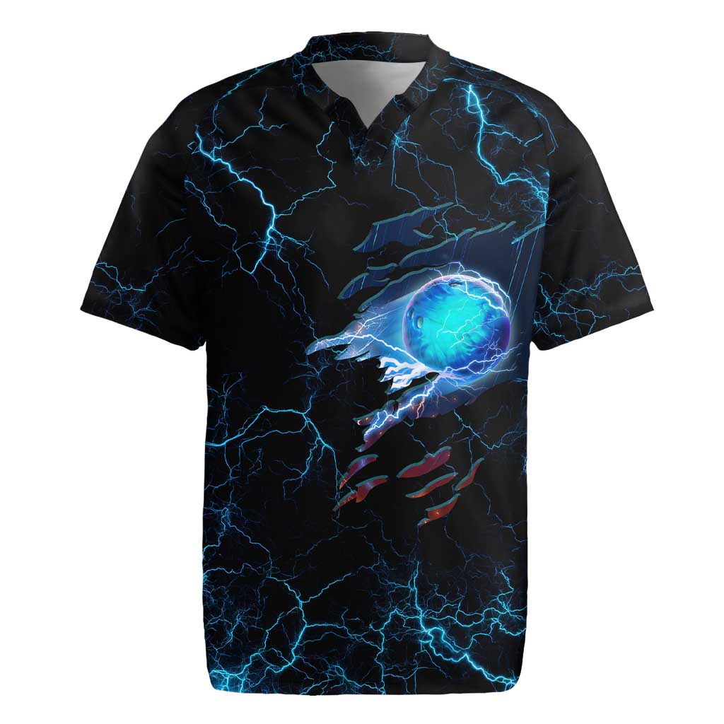 Lightning Bowling Rugby Jersey Electric Blue Ball and American Eagle Graphic on Stormy Black Background - Wonder Print Shop
