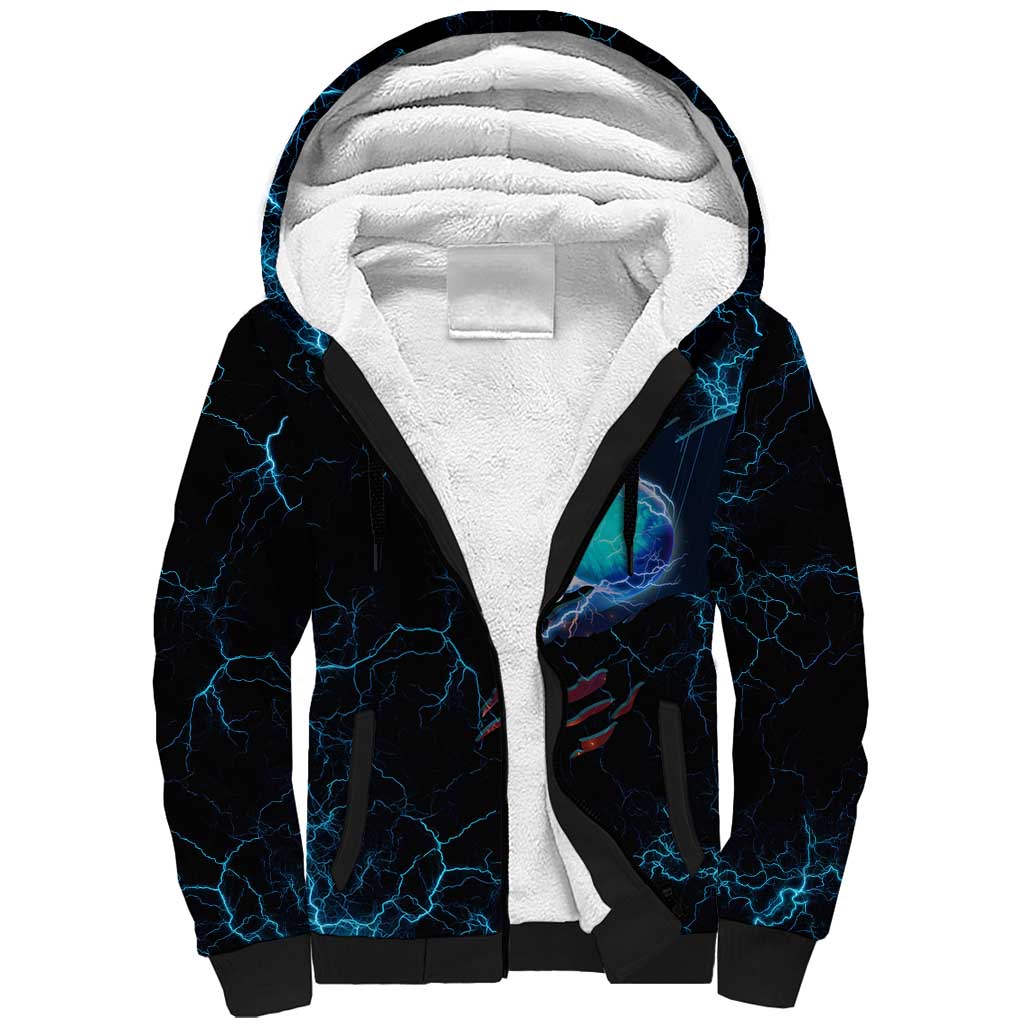 Lightning Bowling Sherpa Hoodie Electric Blue Ball and American Eagle Graphic on Stormy Black Background - Wonder Print Shop