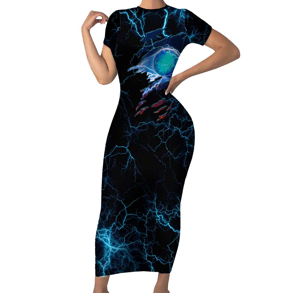 Lightning Bowling Short Sleeve Bodycon Dress Electric Blue Ball and American Eagle Graphic on Stormy Black Background - Wonder Print Shop