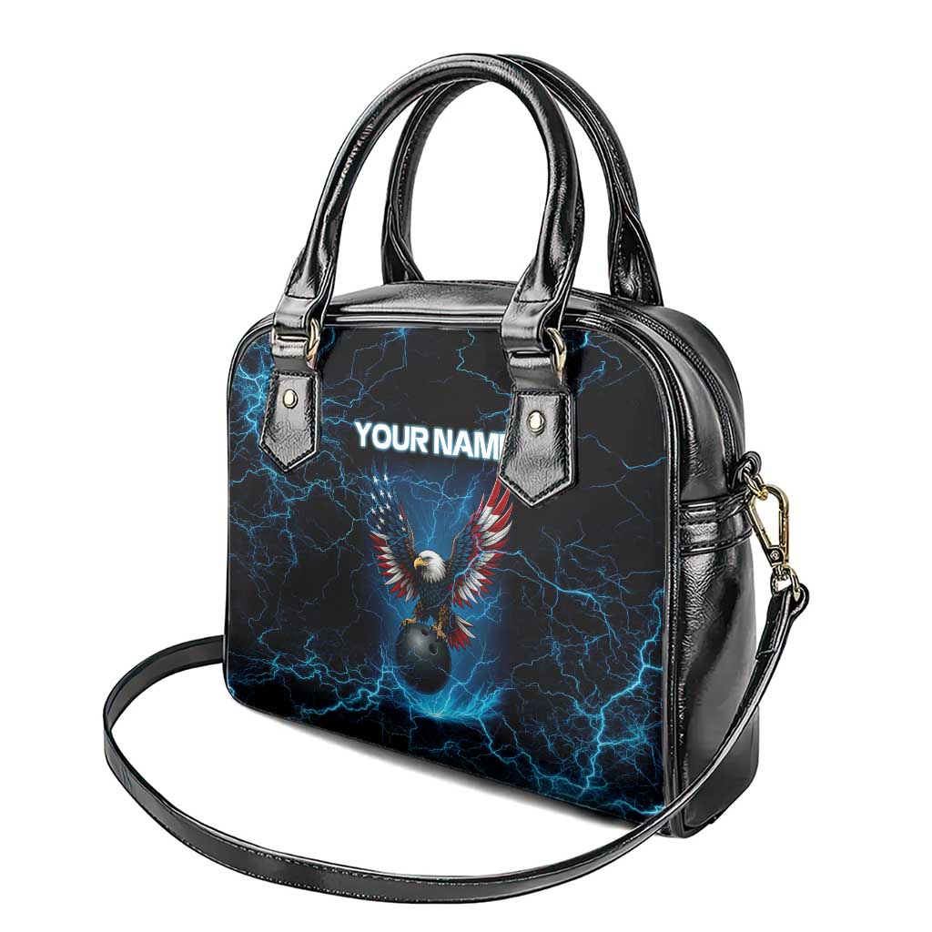 Lightning Bowling Shoulder Handbag Electric Blue Ball and American Eagle Graphic on Stormy Black Background - Wonder Print Shop