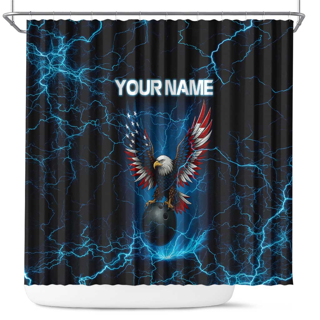 Lightning Bowling Shower Curtain Electric Blue Ball and American Eagle Graphic on Stormy Black Background - Wonder Print Shop