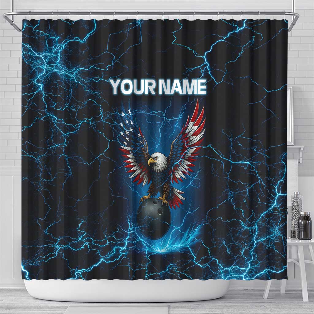 Lightning Bowling Shower Curtain Electric Blue Ball and American Eagle Graphic on Stormy Black Background - Wonder Print Shop