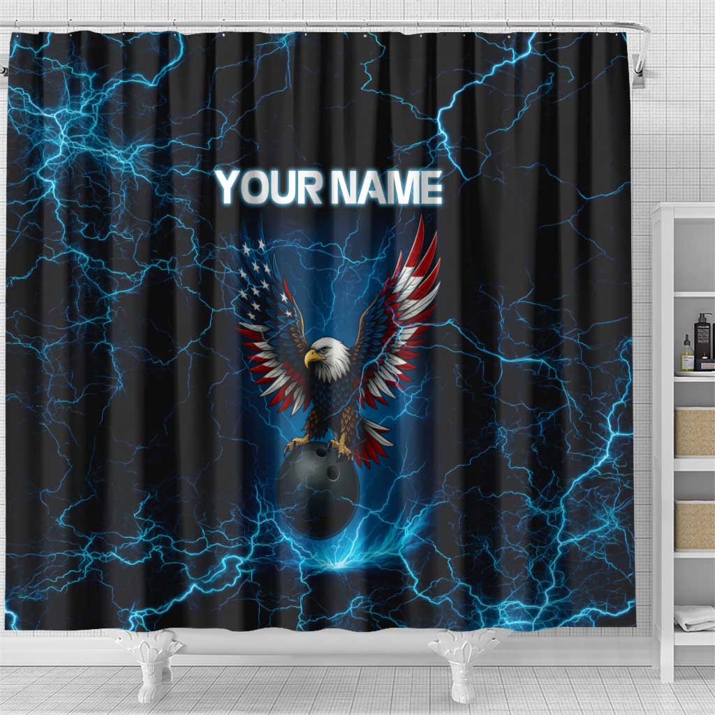 Lightning Bowling Shower Curtain Electric Blue Ball and American Eagle Graphic on Stormy Black Background - Wonder Print Shop