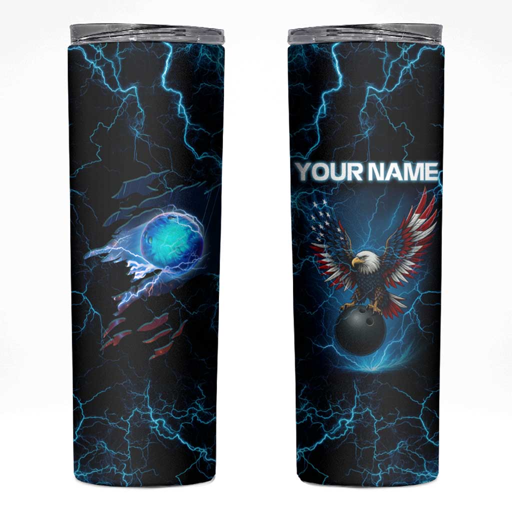 Lightning Bowling Skinny Tumbler Electric Blue Ball and American Eagle Graphic on Stormy Black Background - Wonder Print Shop