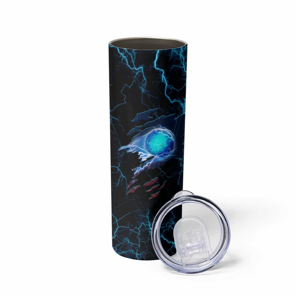 Lightning Bowling Skinny Tumbler Electric Blue Ball and American Eagle Graphic on Stormy Black Background - Wonder Print Shop
