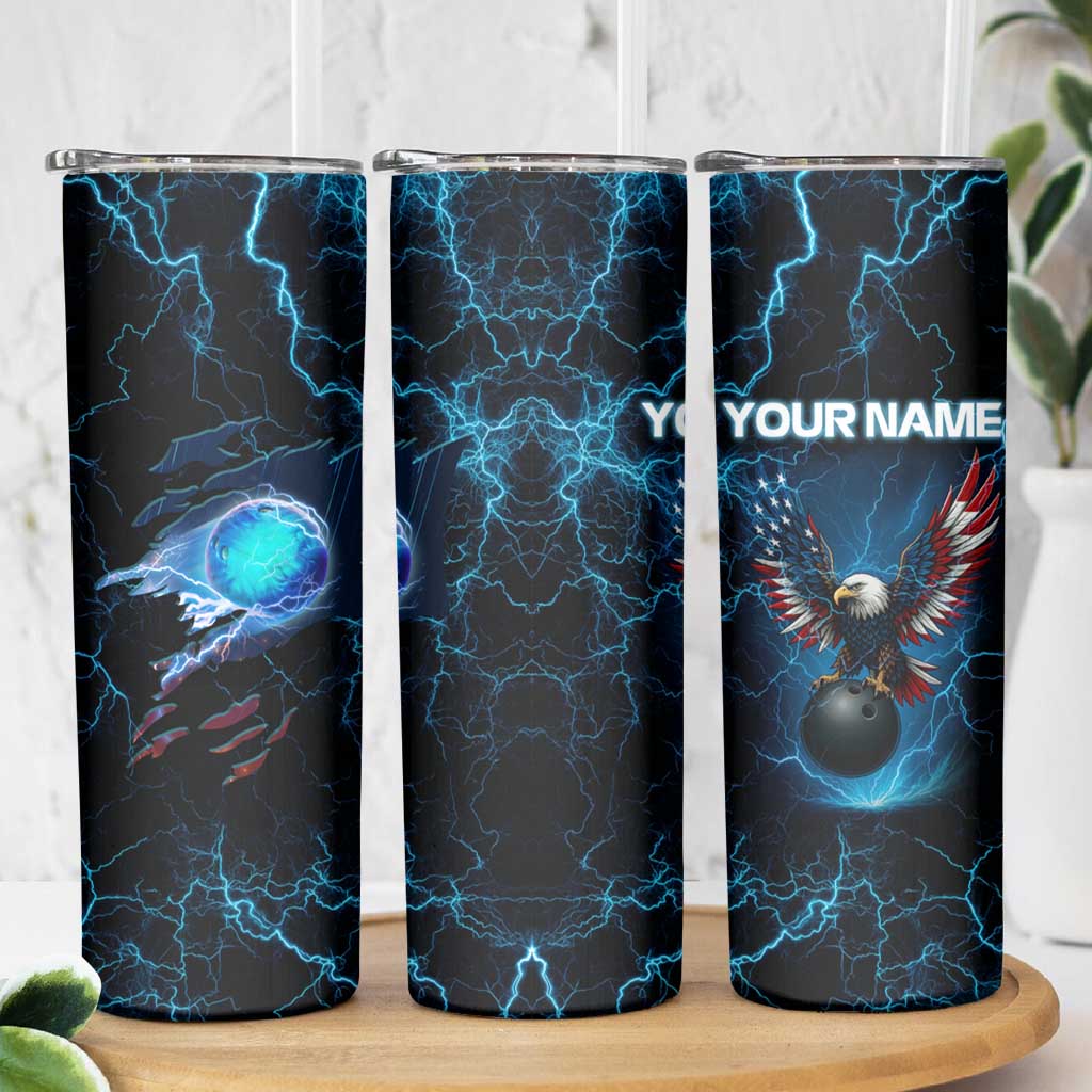 Lightning Bowling Skinny Tumbler Electric Blue Ball and American Eagle Graphic on Stormy Black Background - Wonder Print Shop