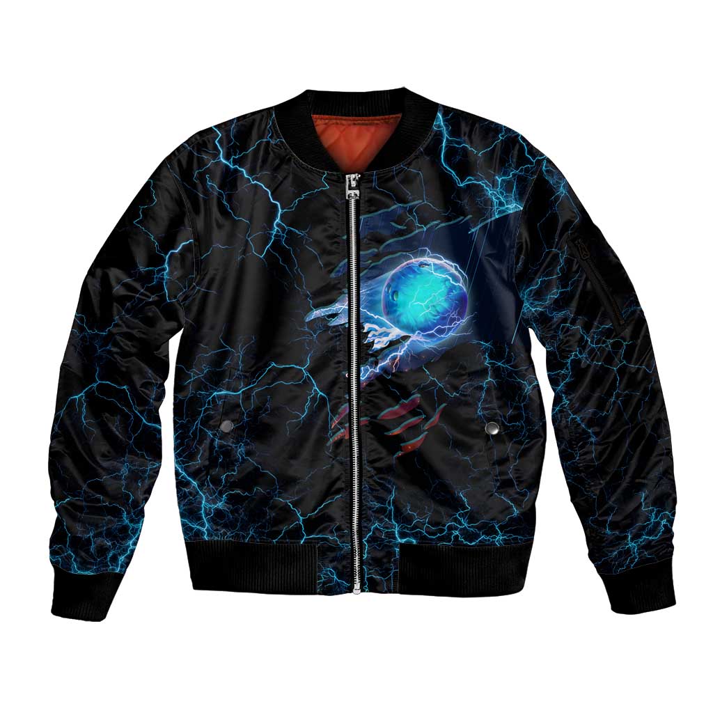 Lightning Bowling Sleeve Zip Bomber Jacket Electric Blue Ball and American Eagle Graphic on Stormy Black Background - Wonder Print Shop