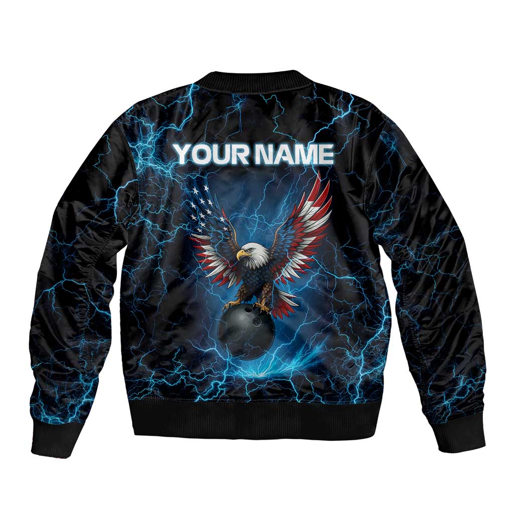 Lightning Bowling Sleeve Zip Bomber Jacket Electric Blue Ball and American Eagle Graphic on Stormy Black Background - Wonder Print Shop