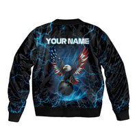 Lightning Bowling Sleeve Zip Bomber Jacket Electric Blue Ball and American Eagle Graphic on Stormy Black Background - Wonder Print Shop