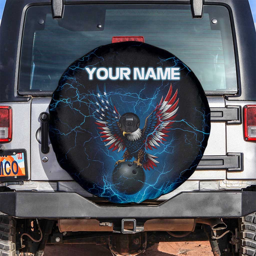 Lightning Bowling Spare Tire Cover Electric Blue Ball and American Eagle Graphic on Stormy Black Background - Wonder Print Shop