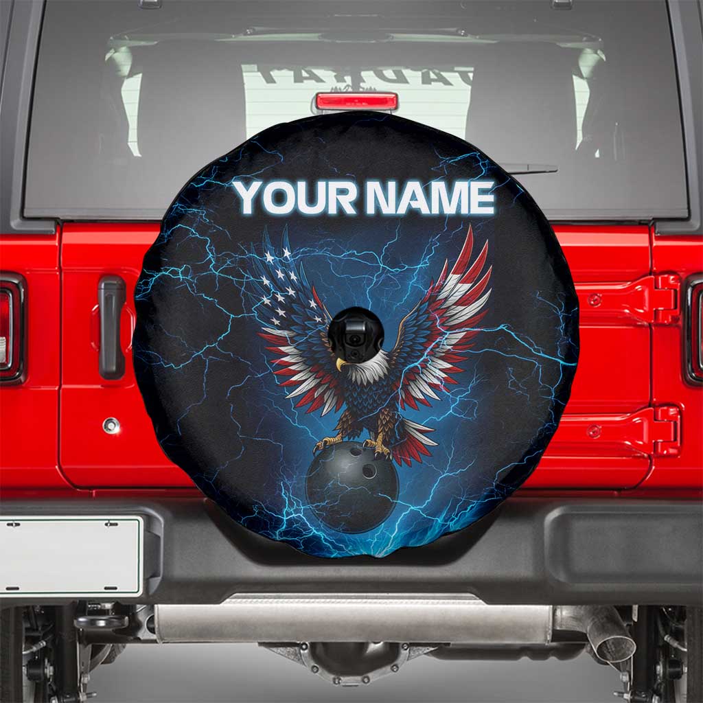 Lightning Bowling Spare Tire Cover Electric Blue Ball and American Eagle Graphic on Stormy Black Background - Wonder Print Shop