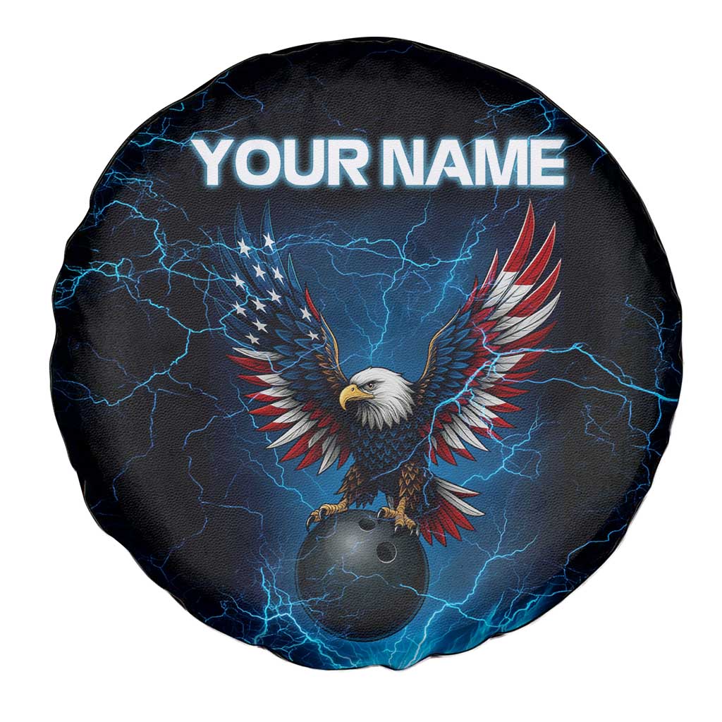 Lightning Bowling Spare Tire Cover Electric Blue Ball and American Eagle Graphic on Stormy Black Background - Wonder Print Shop