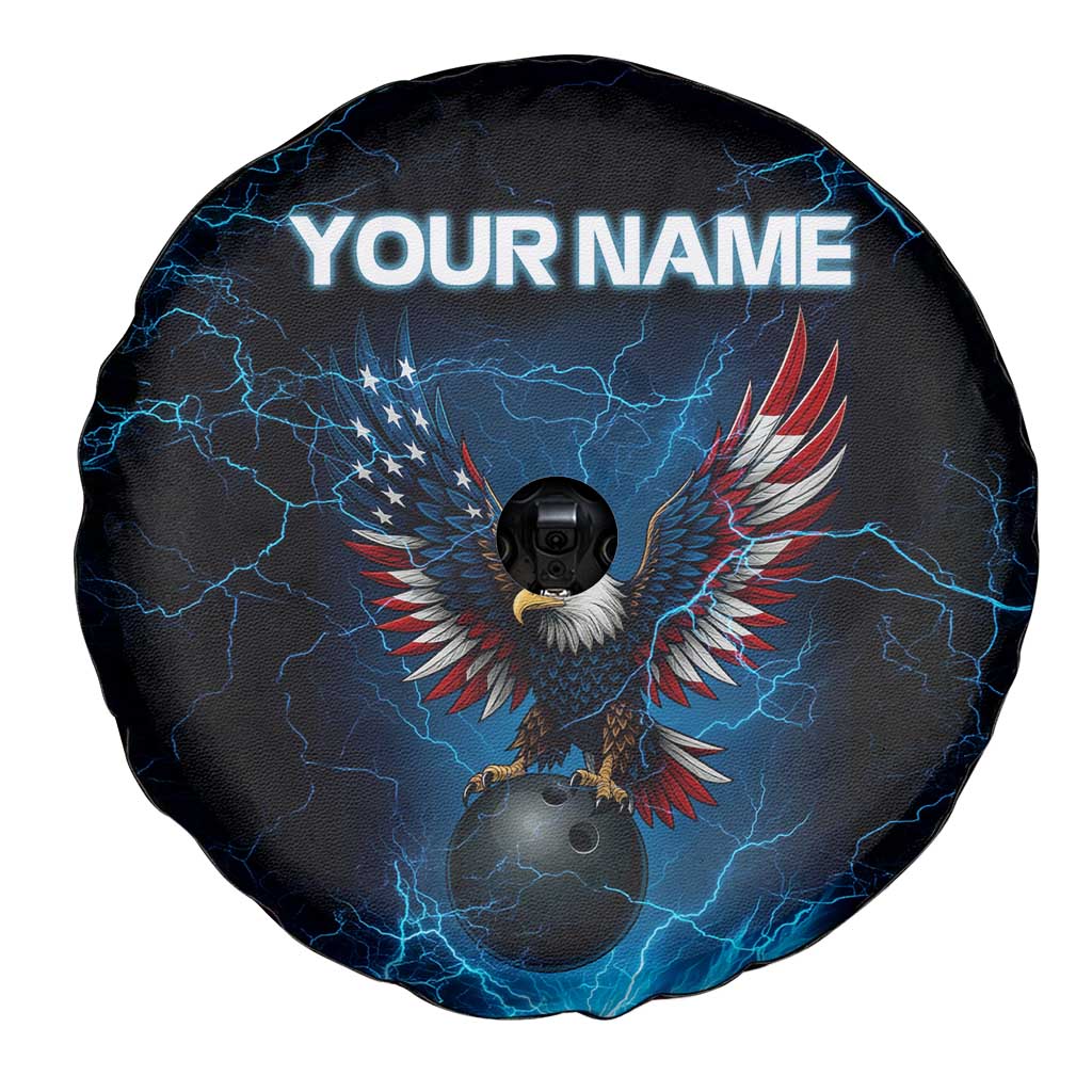 Lightning Bowling Spare Tire Cover Electric Blue Ball and American Eagle Graphic on Stormy Black Background - Wonder Print Shop