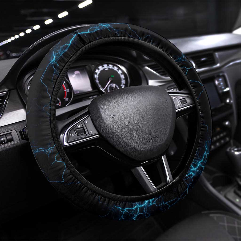 Lightning Bowling Steering Wheel Cover Electric Blue Ball and American Eagle Graphic on Stormy Black Background - Wonder Print Shop