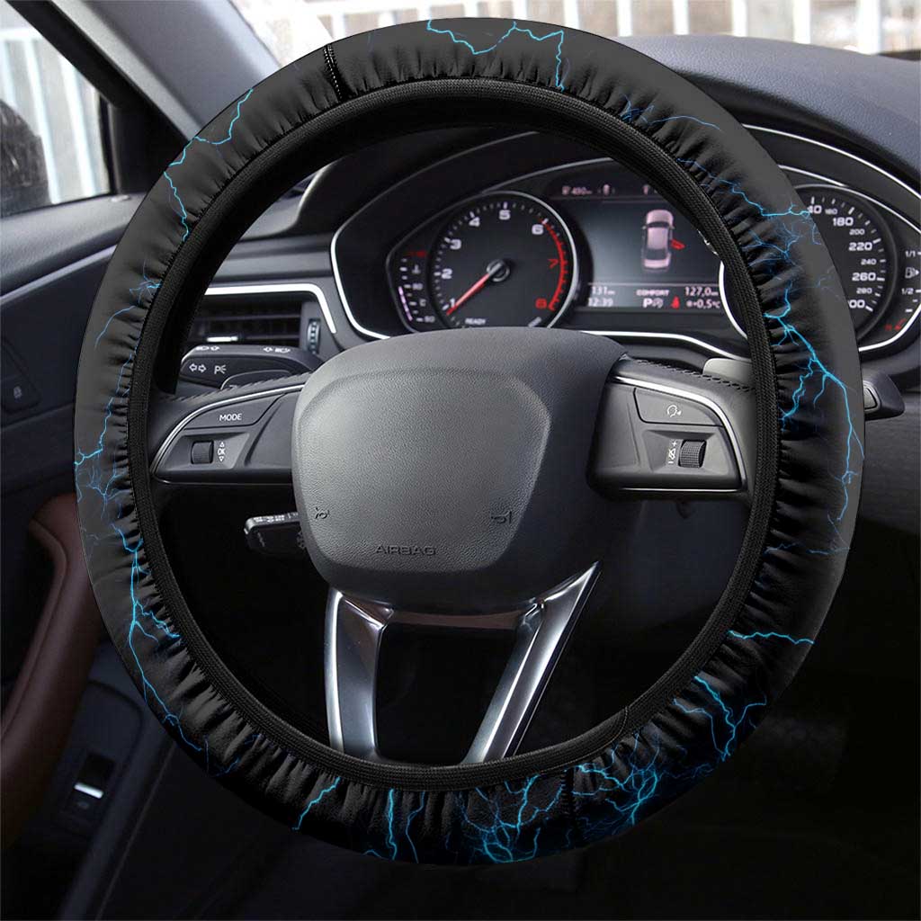 Lightning Bowling Steering Wheel Cover Electric Blue Ball and American Eagle Graphic on Stormy Black Background - Wonder Print Shop