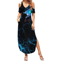 Lightning Bowling Summer Maxi Dress Electric Blue Ball and American Eagle Graphic on Stormy Black Background - Wonder Print Shop