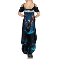 Lightning Bowling Summer Maxi Dress Electric Blue Ball and American Eagle Graphic on Stormy Black Background - Wonder Print Shop