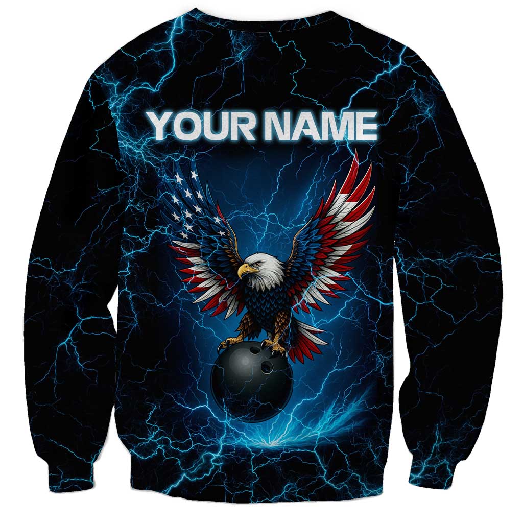 Lightning Bowling Sweatshirt Electric Blue Ball and American Eagle Graphic on Stormy Black Background - Wonder Print Shop