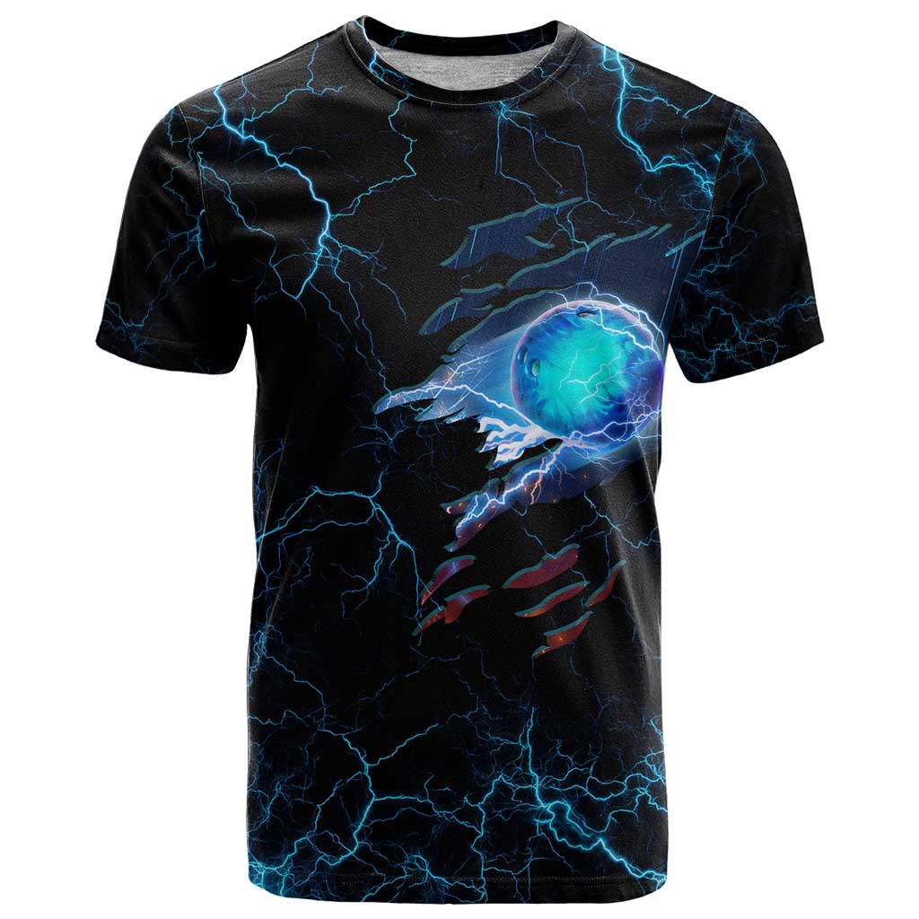 Lightning Bowling T Shirt Electric Blue Ball and American Eagle Graphic on Stormy Black Background - Wonder Print Shop