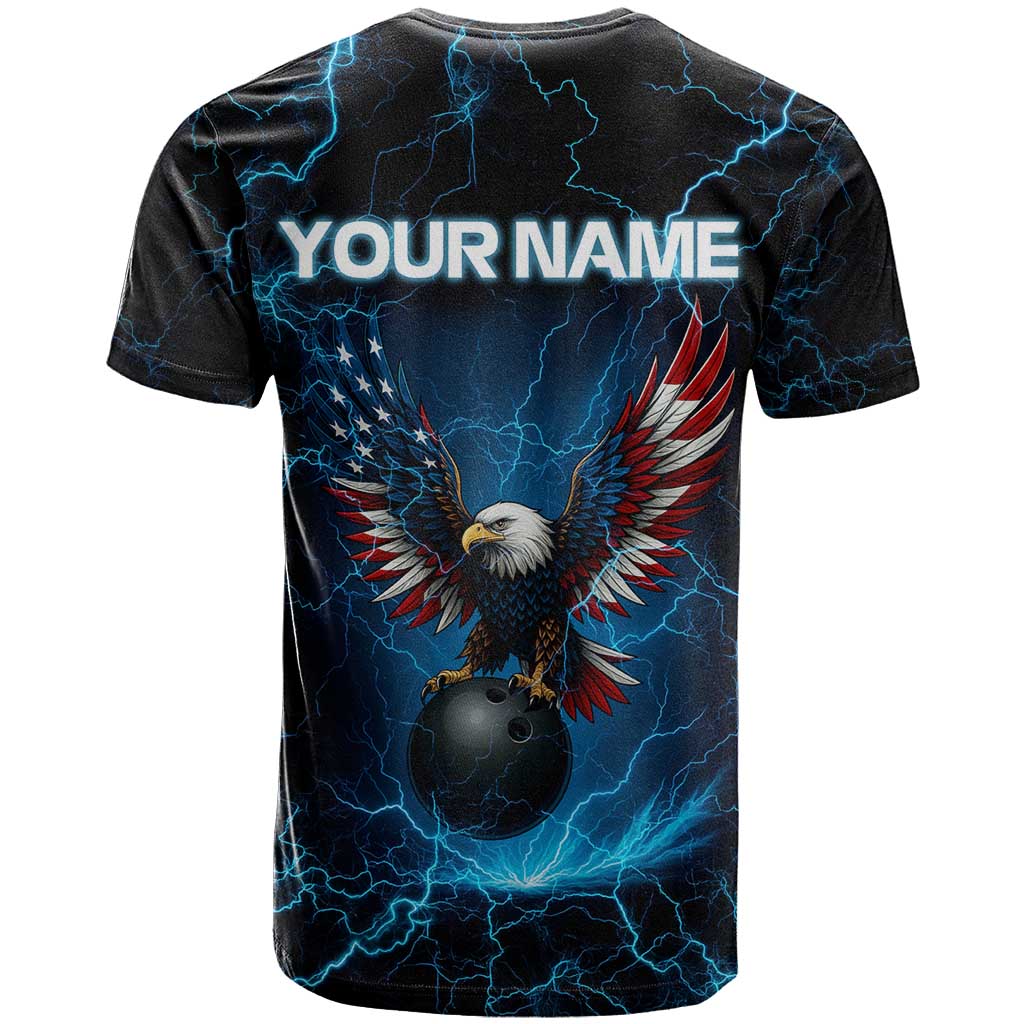 Lightning Bowling T Shirt Electric Blue Ball and American Eagle Graphic on Stormy Black Background - Wonder Print Shop