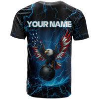 Lightning Bowling T Shirt Electric Blue Ball and American Eagle Graphic on Stormy Black Background - Wonder Print Shop