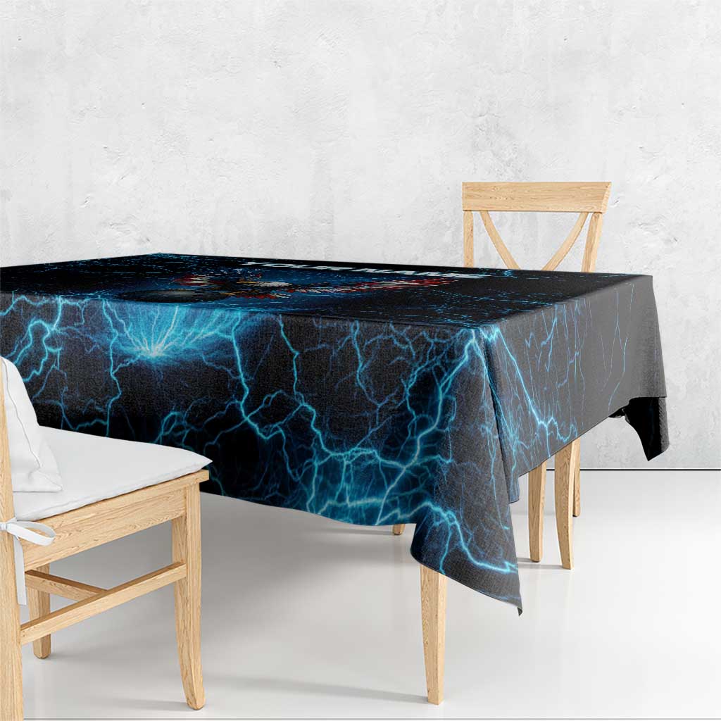 Lightning Bowling Tablecloth Electric Blue Ball and American Eagle Graphic on Stormy Black Background - Wonder Print Shop