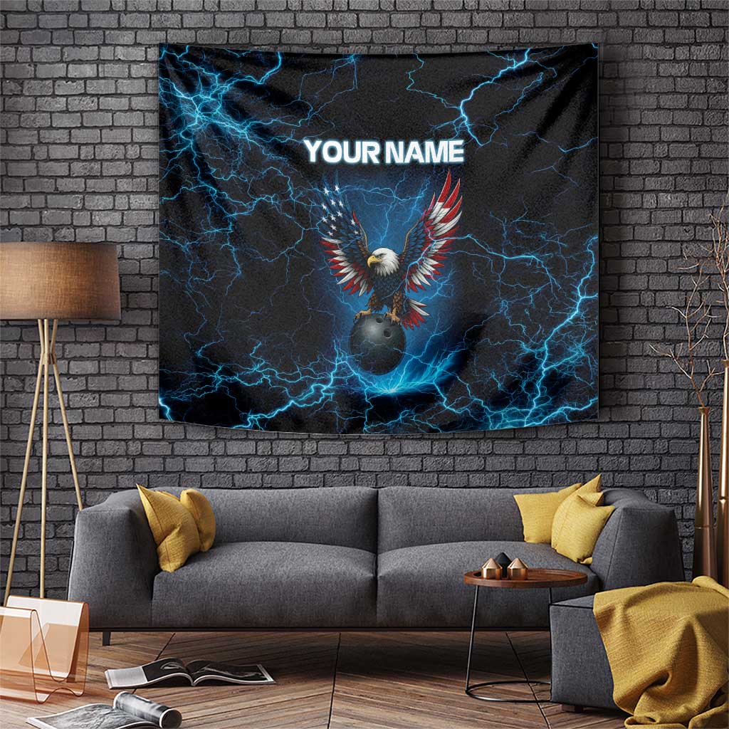 Lightning Bowling Tapestry Electric Blue Ball and American Eagle Graphic on Stormy Black Background - Wonder Print Shop
