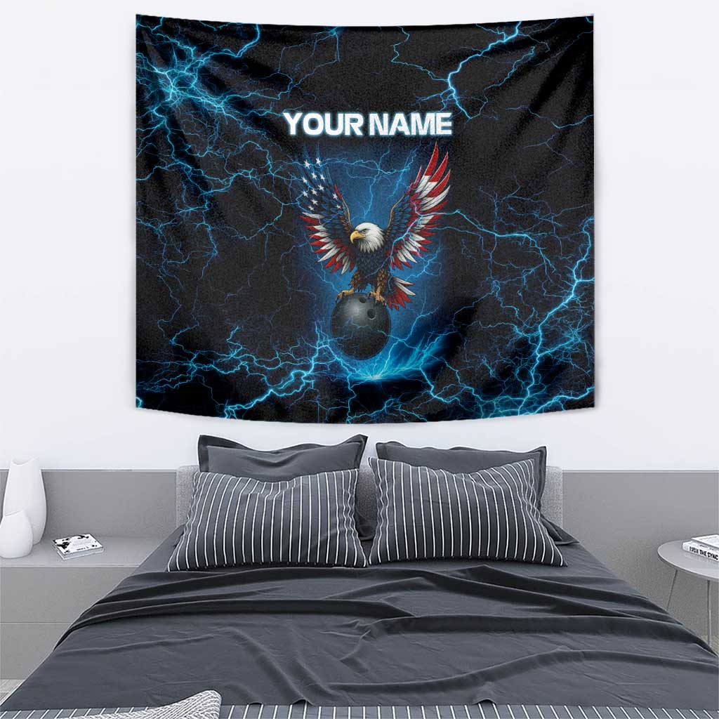 Lightning Bowling Tapestry Electric Blue Ball and American Eagle Graphic on Stormy Black Background - Wonder Print Shop