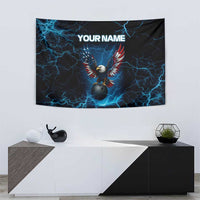 Lightning Bowling Tapestry Electric Blue Ball and American Eagle Graphic on Stormy Black Background - Wonder Print Shop