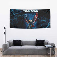 Lightning Bowling Tapestry Electric Blue Ball and American Eagle Graphic on Stormy Black Background - Wonder Print Shop