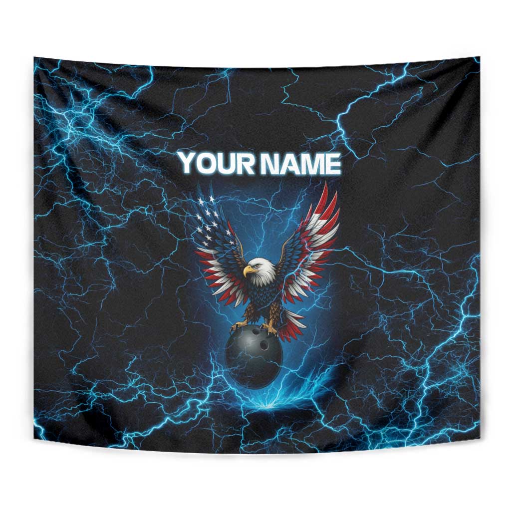 Lightning Bowling Tapestry Electric Blue Ball and American Eagle Graphic on Stormy Black Background - Wonder Print Shop