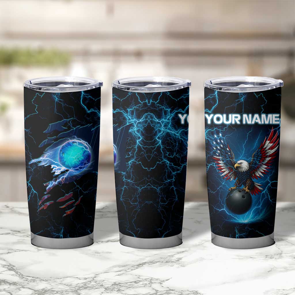 Lightning Bowling Tumbler Cup Electric Blue Ball and American Eagle Graphic on Stormy Black Background - Wonder Print Shop