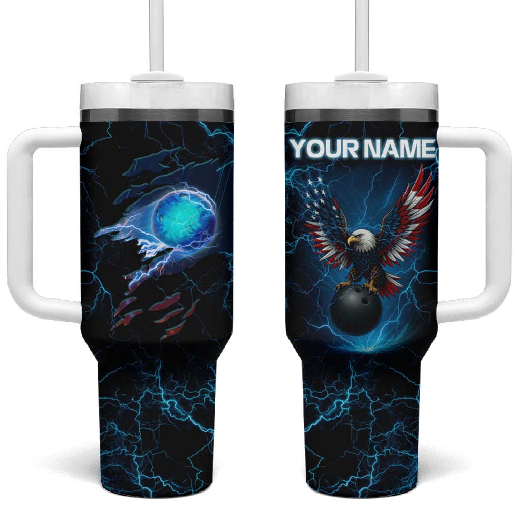 Lightning Bowling Tumbler With Handle Electric Blue Ball and American Eagle Graphic on Stormy Black Background - Wonder Print Shop