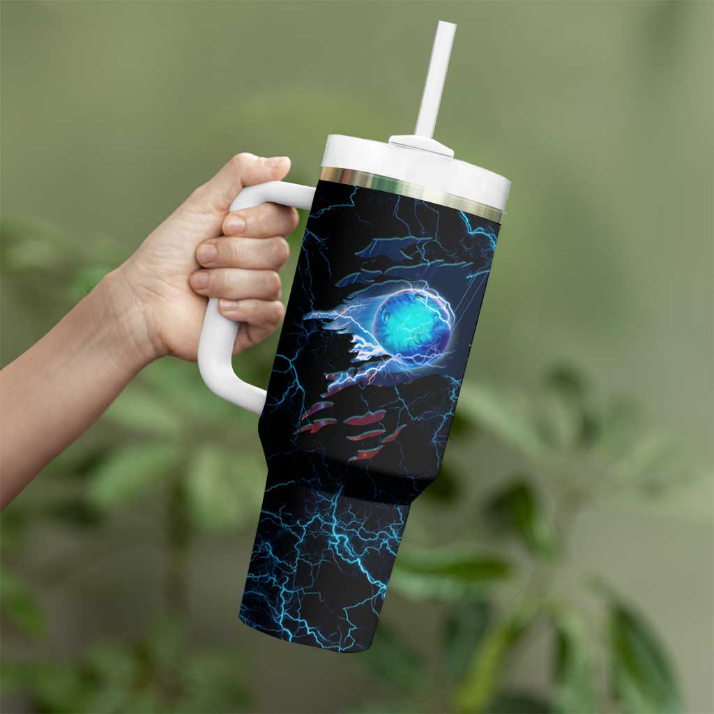 Lightning Bowling Tumbler With Handle Electric Blue Ball and American Eagle Graphic on Stormy Black Background - Wonder Print Shop